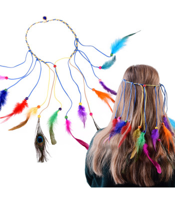 Boho plaukų juosta su spalvotais plunksnomis ir karoliukais ZA5581