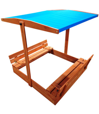 Medinė smėlio dėžė su stogeliu ir suoleliais, uždaroma 120x120 cm