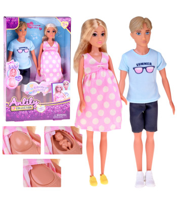 Lėlių rinkinys šeimai: tėvas, motina, nėščia lėlė ir kūdikis