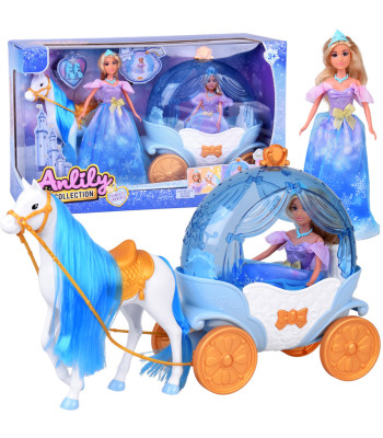 Pasakų lėlė princesė su karieta ir žirgu