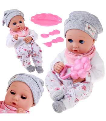 Lėlė kūdikis 32 cm su judančiomis akimis + maitinimo priedai