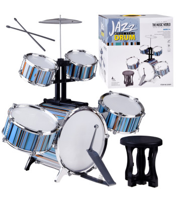 Vaikiška perkusija su 5 būgnais ir taburete - mėlynas dizainas IN0182