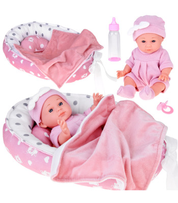 Lėlė kūdikis su lovyte rožiniame rūbelyje