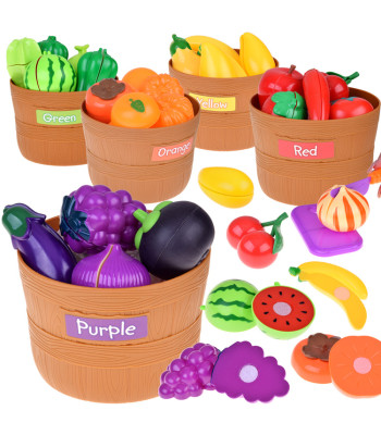 Daržovių ir vaisių pjaustymo rinkinys su lipukais + spalvų mokymasis - 34 elementai