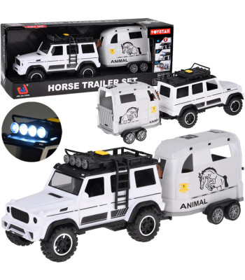 Žaislinis visureigis su atidaroma priekaba ir arkliu