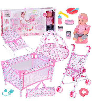Deluxe rinkinys Lėlė Kūdikis Vežimėlis Lovelė Kilimėlis su priedais 17vnt ZA5916