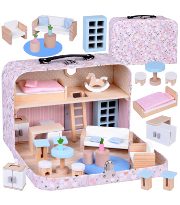 Gėlėtas lėlių namelis lagamine su mediniais baldais