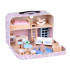 Gėlėtas lėlių namelis lagamine su mediniais baldais