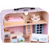 Gėlėtas lėlių namelis lagamine su mediniais baldais