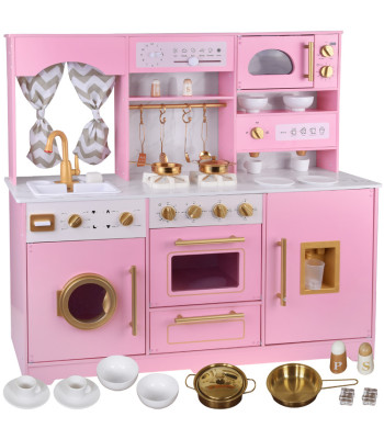 Didelė medinė interaktyvi virtuvė su auksiniais priedais