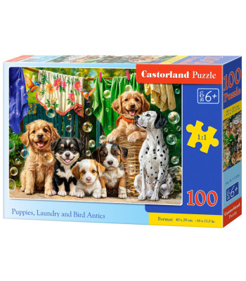 Puzzle 100 dalių Šuniukai, skalbiniai ir paukščių nuotykiai B-111305