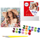 Tapyba pagal skaičius 40 x 40 cm KHO8569 Mergina su skrybėle tarp gėlių AP0100