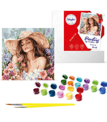 Tapyba pagal skaičius 40 x 40 cm KHO8569 Mergina su skrybėle tarp gėlių AP0100