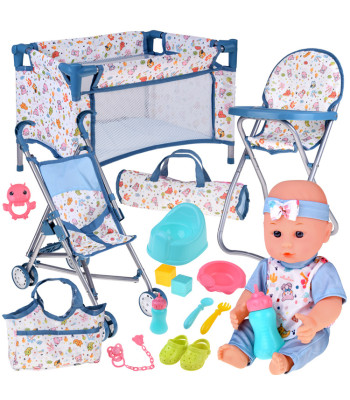 deluxe lėlės kūdikio rinkinys su vežimėliu, lovyte, maitinimo kėdute ir priedais 16 dalių