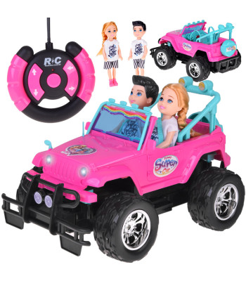 nuotoliniu būdu valdomas rožinis automobilis lėlėms su berniuko ir mergaitės figūrėlėmis