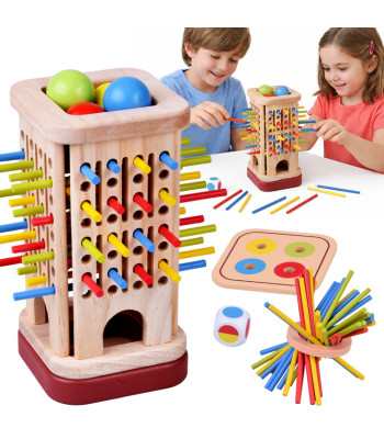 medinis edukacinis vikrumo žaidimas su spalvotais pagaliukais ir kamuoliukais za6158