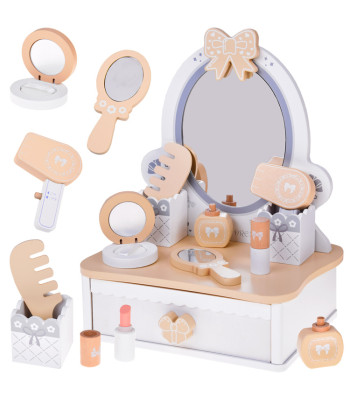 medinė mergaitės kosmetinė su veidrodžiu ir priedais za5614