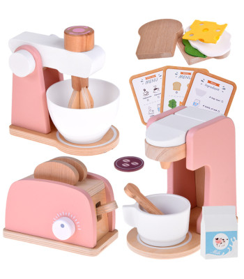 medinis žaislinės virtuvės prietaisų rinkinys: skrudintuvas, kavos aparatas ir plakiklis su priedais