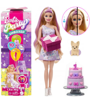 Mattel Barbie Party Unboxed lėlė gimtadienio serija su čihuahua šuniuku ZA6065