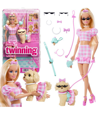 Mattel Barbie Twinning Looks lėlė su šuniuku pasivaikščiojimui ZA6701