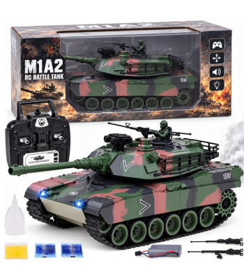 Nuotoliniu būdu valdomas RC tankas su dūmais, garsu ir šviesomis, Abrams M1A1 RC0770, 45 × 16,5 × 18 cm