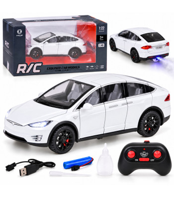 Baltas metalinis pulteliu valdomas automobilis su LED žibintais ir dūmų efektu – Tesla Model X RC0772, 1:22