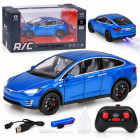 Metalinis pulteliu valdomas automobilis su LED šviesomis ir dūmų efektu, mėlynas – Tesla Model X RC0772, 1:22