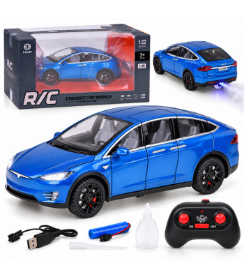 Metalinis pulteliu valdomas automobilis su LED šviesomis ir dūmų efektu, mėlynas – Tesla Model X RC0772, 1:22
