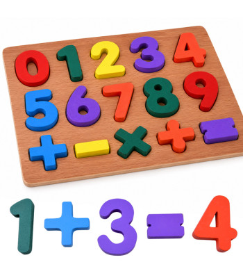 Medinė edukacinė dėlionė su skaičiais ir matematiniais ženklais, 15 dalių, ZA6238
