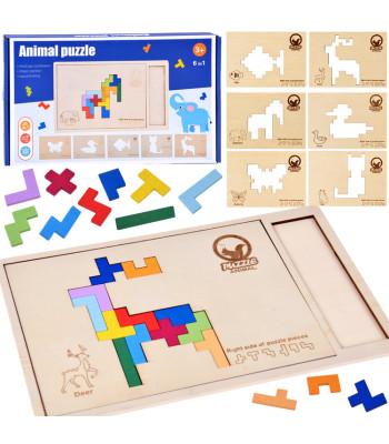 Medinė loginė dėlionė „Tetris“ su 6 gyvūnais ir 12 kaladėlių, ZA6244