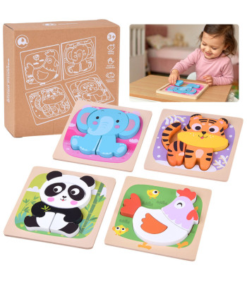 Medinės dėlionės su gyvūnais: panda, dramblys, višta ir tigras, 4 vnt., ZA6259