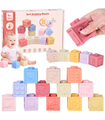 Minkštos sensorinės guminės kaladėlės, pastelinės, 12 vnt. ZA6635