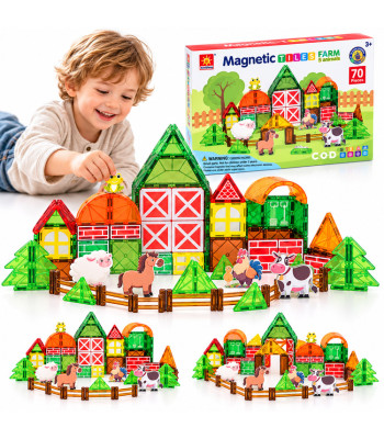 Magnetinės kaladėlės „Farma“ su 5 gyvūnėliais, tvartu, tvoromis ir medžiais – 70 elementų, ZA6385