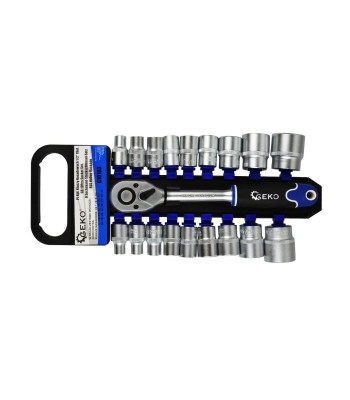 GEKO lizdinių raktų komplektas su terkšle, 19 dalių, Cr-V, 8–32 mm, 1/2″