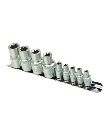 Torx galvučių komplektas su laikymo juosta GEKO, 9 vnt., E4–E16, 1/4" ir 1/2"