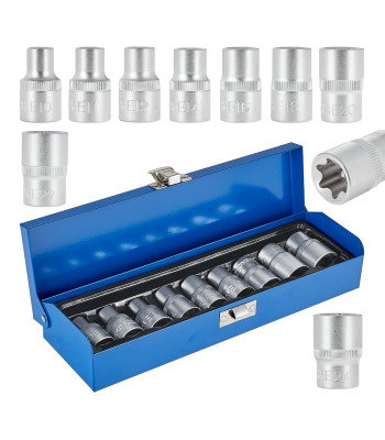 TORX galvučių komplektas GEKO metaliniame dėkle – 9 dalių, E10–E24, 1/2″