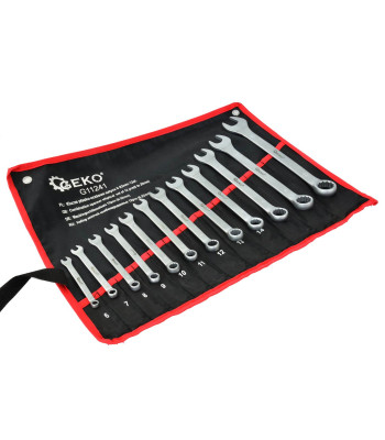 Plokščiųjų ir žiedinių raktų satininis komplektas, CrV, 12 vnt., 6–22 mm