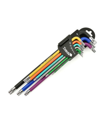 Ilgų torx raktų rinkinys iš S2 plieno, spalvoti, 9 vnt., T10–T50, 229 mm