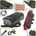 Vandeniui atsparių dviračio žibintų USB IPX4 komplektas priekiui ir galui (800lm/900mAh + 120lm/120mAh)