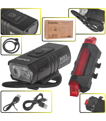 Vandeniui atsparių dviračio žibintų USB IPX4 komplektas priekiui ir galui (800lm/900mAh + 120lm/120mAh)