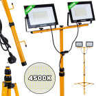 LED prožektorius su teleskopiniu statybiniu stovu ir laidu, neutrali balta – 2x100W, 4500K