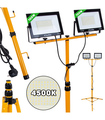 LED prožektorius su teleskopiniu statybiniu stovu ir laidu, neutrali balta – 2x100W, 4500K