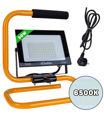 LED SMD prožektorius su statybiniu stovu ir kabeliu, šaltai balta šviesa, 50W, 6500K