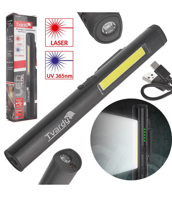 Inspekcinė dirbtuvių lempa su magnetu Tvardy, LED COB, 5W + 3W, UV lazeris, 800mAh, 400lm, IP44