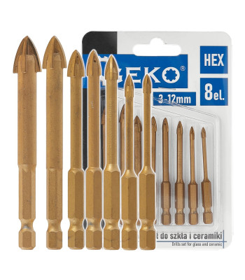 Grąžtų rinkinys stiklui ir keramikai, 8 vnt., HEX, 3-12mm