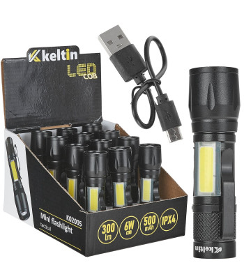 Mini taktinis LED XPE/COB žibintuvėlis – ekspozicinis kartoninis dėklas 10W 500mAh 500lm IPX5 (12/96)