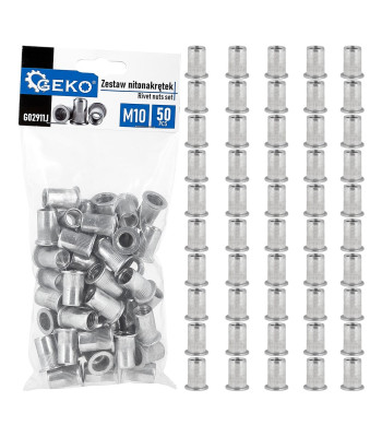 Aliumininių kniedžiamųjų veržlių rinkinys, 50 vnt., M10, 1,0–3,5 mm