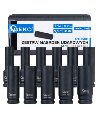 Ilgų smūginių galvučių rinkinys iš CR-MO plieno, 11 vnt., 1/2", 10–24 mm