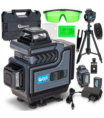 Kryžminis 4D lazerinis nivelyras su žalia 360° linija ir stovu, Geko G03321