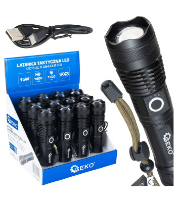 Taktinis LED žibintuvėlis su ekspoziciniu kartonu (12/48), XHP50 15W 1800mAh 1500lm IPX3